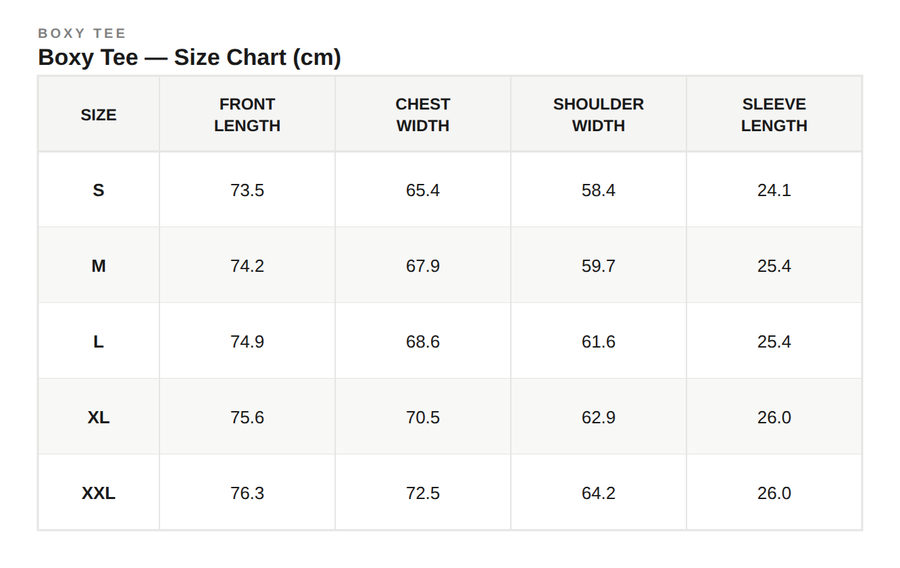 Size Guide for Staple Heavy-Weight T-Shirt White