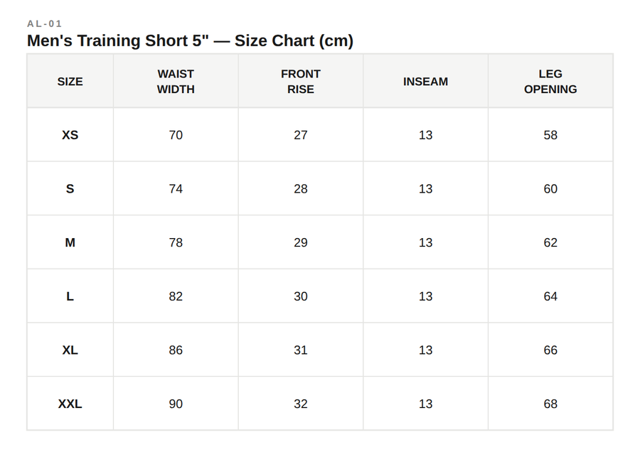 Size Guide for Training Short Black
