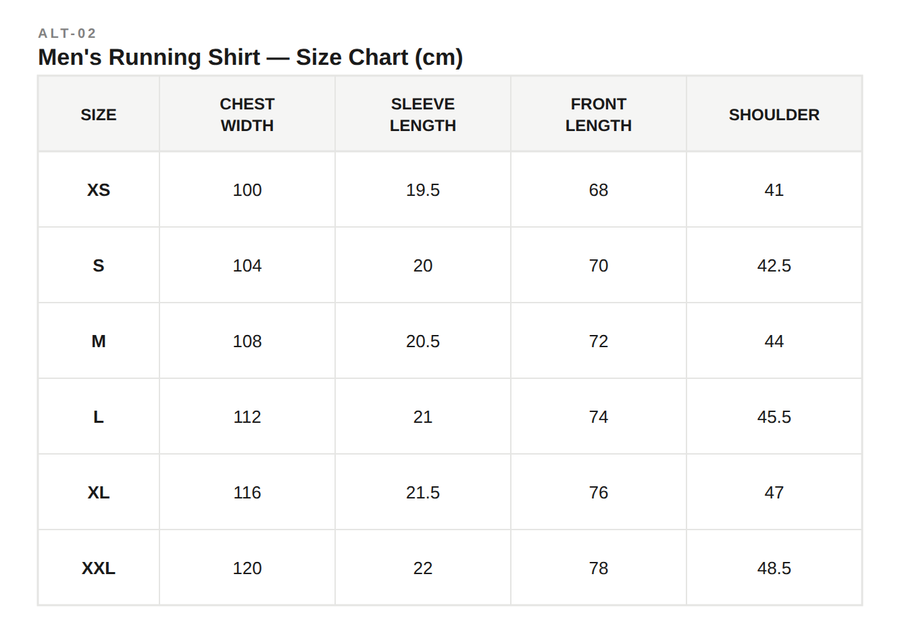 Size Guide for Training Shirt Black